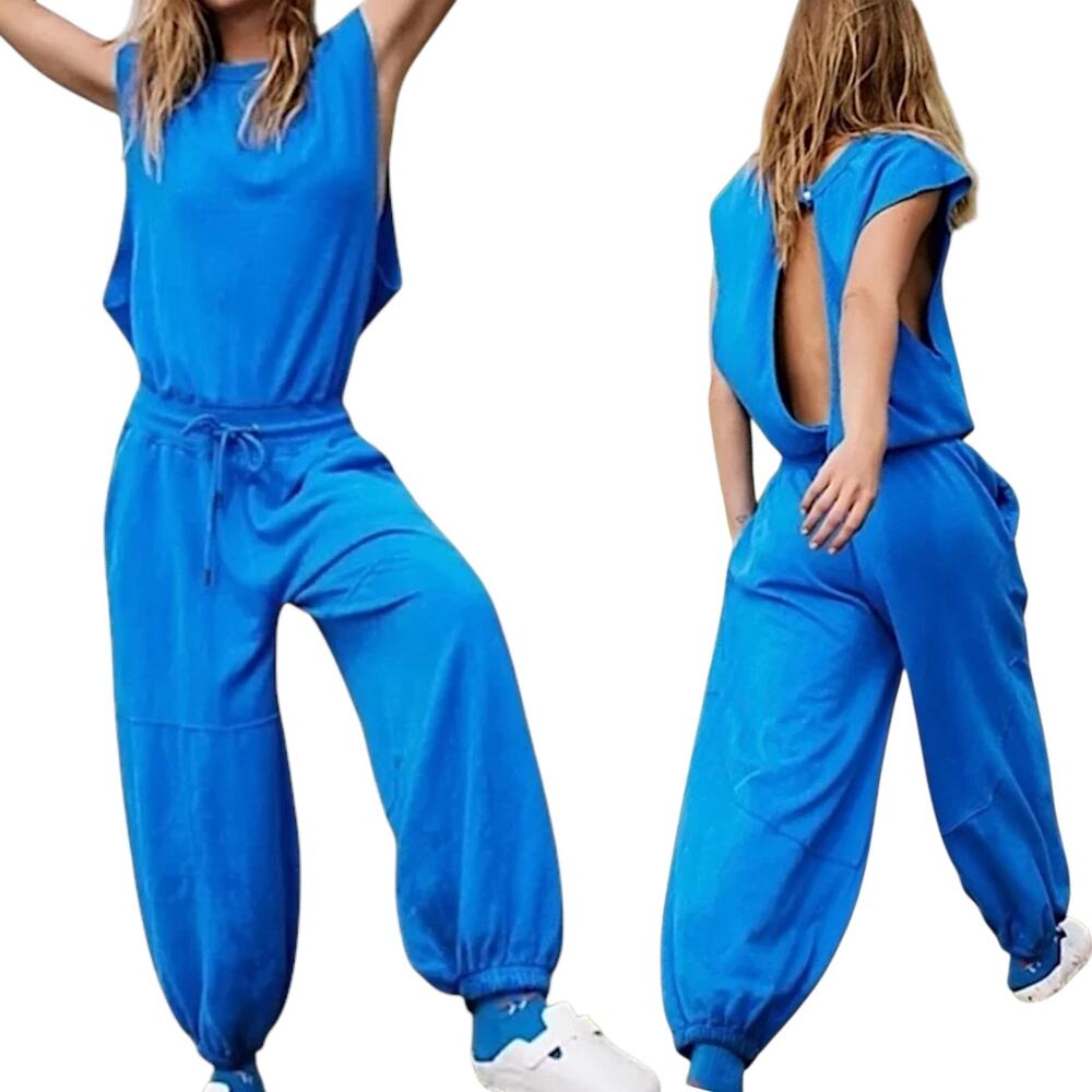 FP Movement by Free People Electric Blue Open-Back Drawstring Jumpsuit